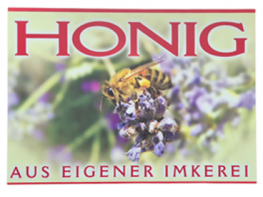 Werbeschild "Honig aus eigener Imkerei" Biene auf lila Blüte